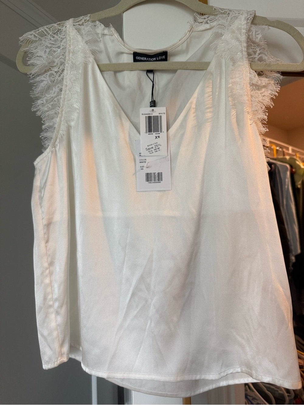 Generation Love White Satin V-Neck Tank with Lace Cap Sleeves